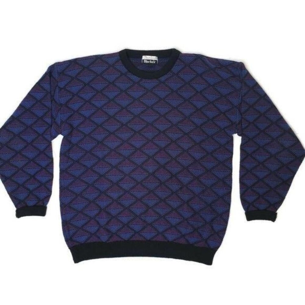 Vintage Stanley Blacker Geometric Purple & Black Sweater XL Crewneck 100% Cotton